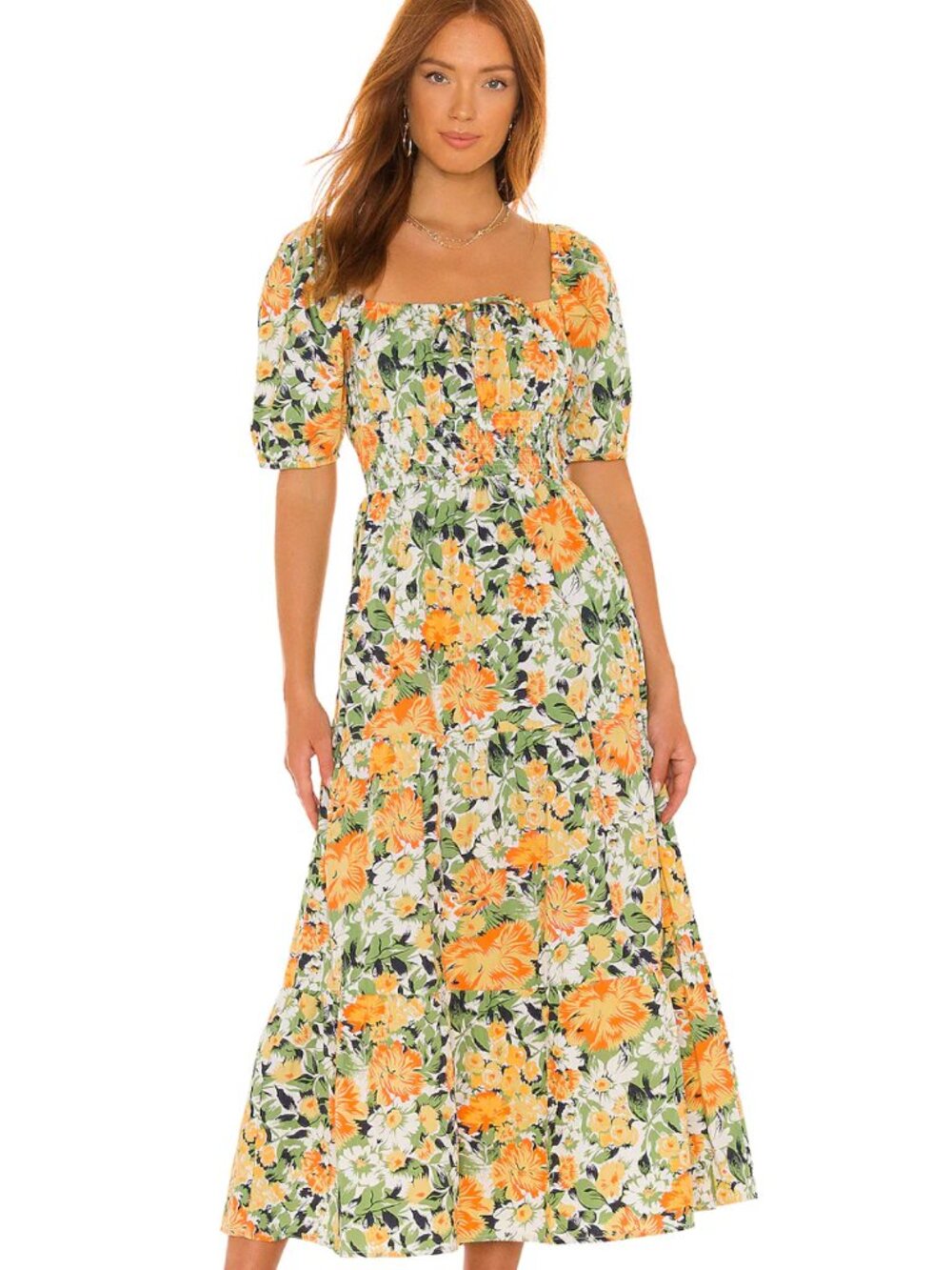 Faithfull The Brand Rene Midi Dress US 4 | Floral Cotton Puff Sleeve